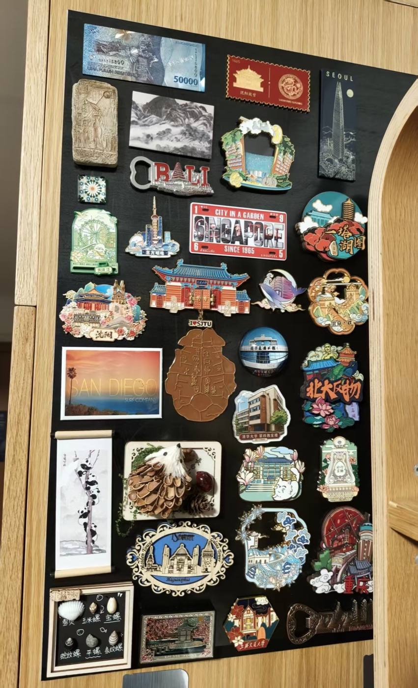 A display board filled with colorful fridge magnets from different places